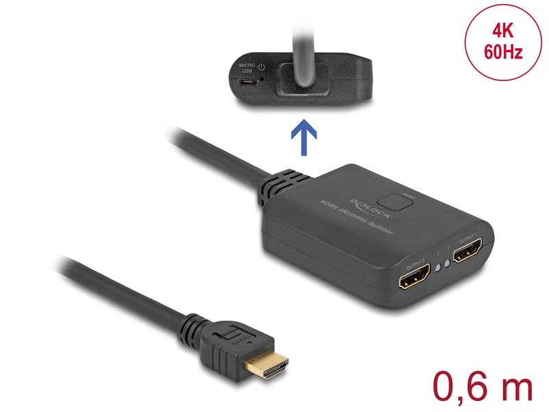 Delock 2-Port Signalsplitter HDMI – HDMI 4K 60 Hz mit Downs Delock HDMI Splitter 1 x HDMI in zu 2 x HDMI out 4K 60 Hz mit Downscaler