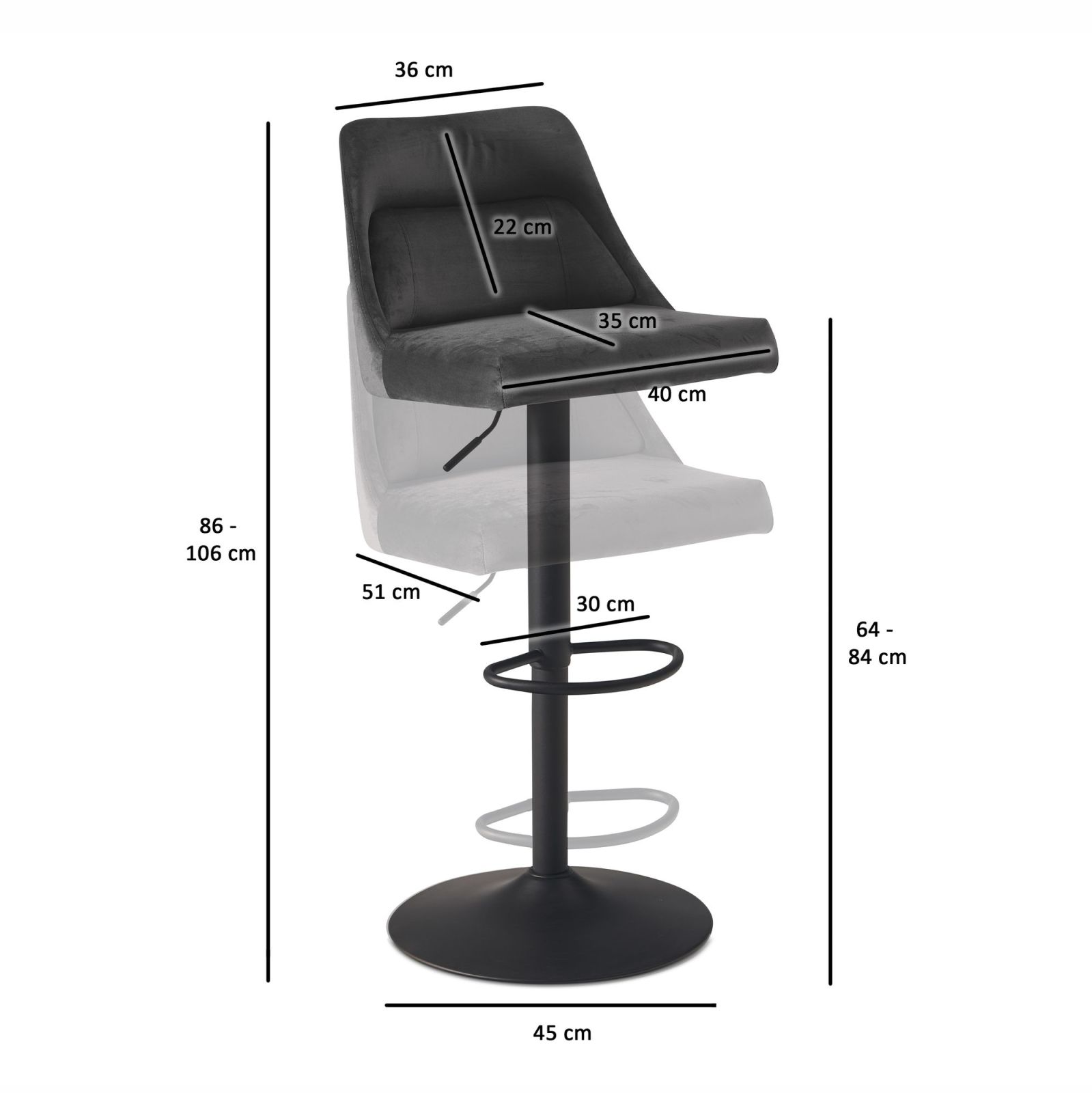 Barhocker - grau - Samt - höhenverstellbar