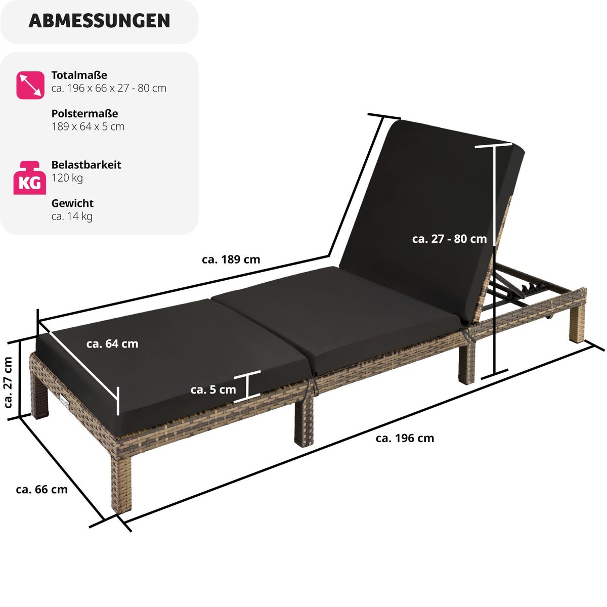 Rotan ligstoel tectake Sofia duurzaam 196 x 66 x 27 cm