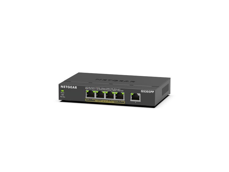 Netgear PoE  Switch GS305PPv3 5 Port, PoE Budget: 83 W Kompakter, lüfterloser 5-Port Gigabit PoE   Switch für kleine Büros, IP-Kameras und VoIP-Telefone