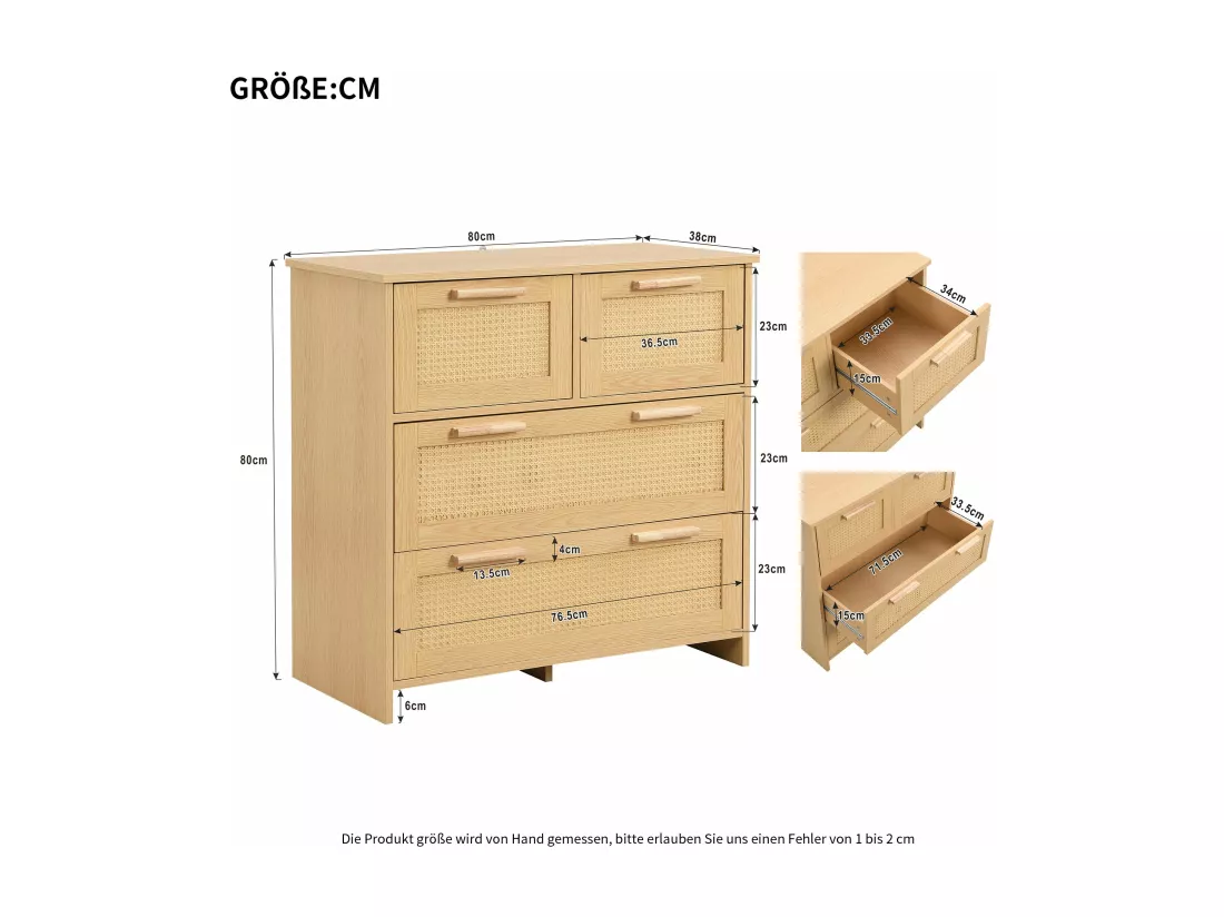 Armoire en rotin à 4 tiroirs avec poignées en bois massif,d80cm×h38cm