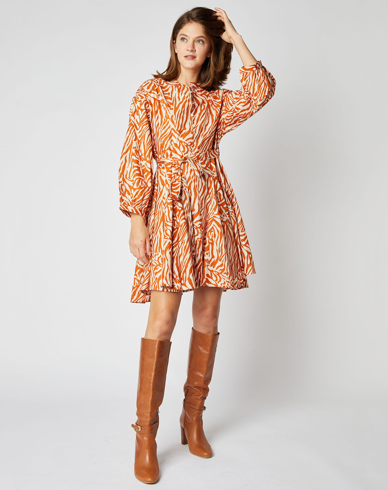An'ge Robe courte trapèze Louise en Coton à motifs camel/écru