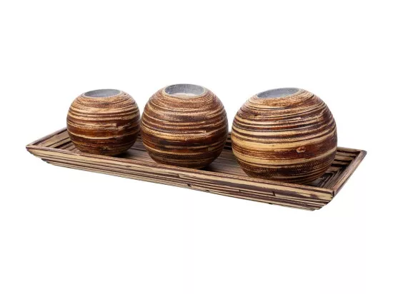 Ensemble plateau et 3 bougeoirs en bois de bambou marron 33x13x3h cm