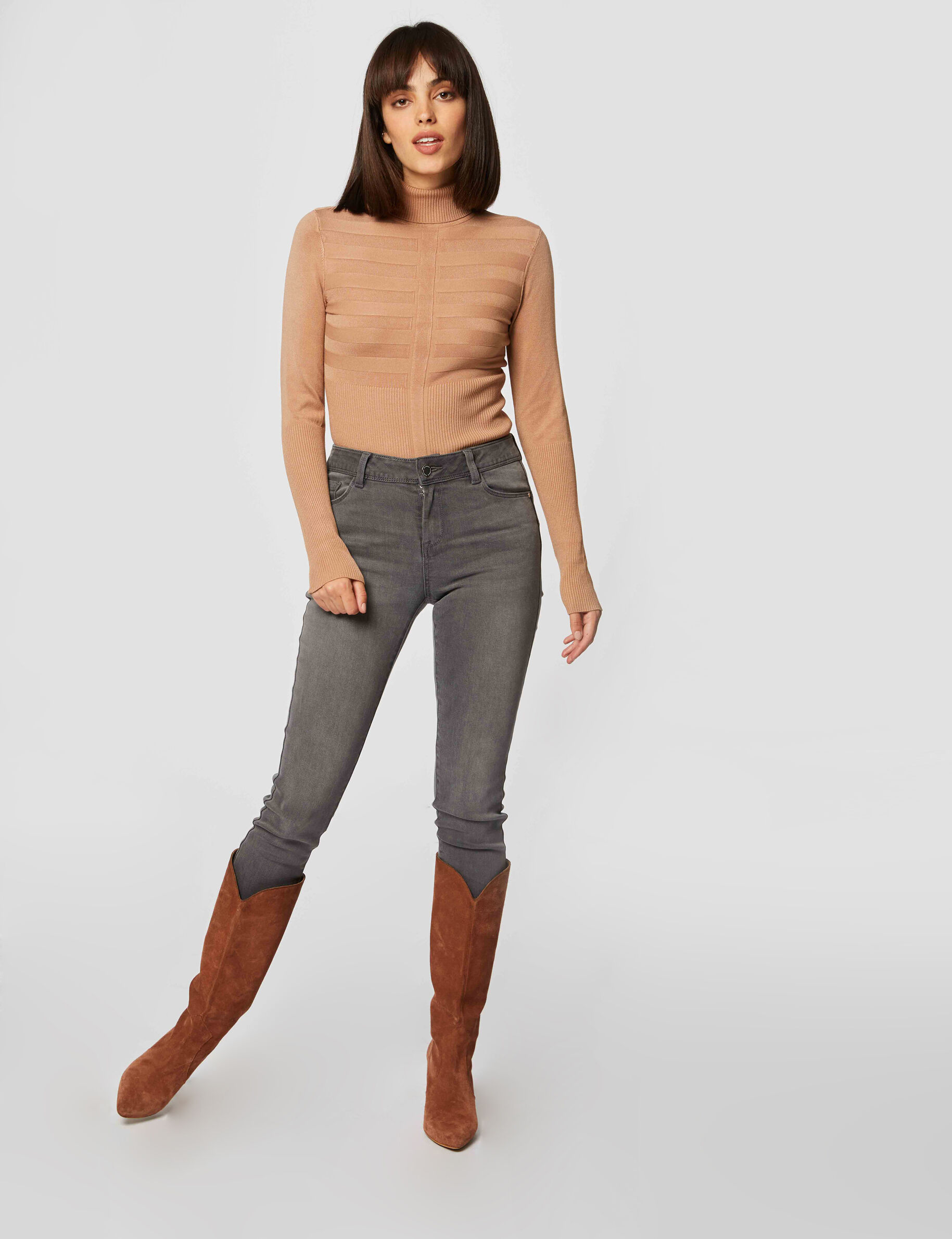 Pull manches longues col roulé caramel femme - caramel
