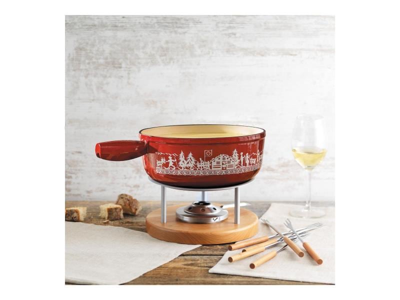 Kuhn Rikon Käsefondue-Set Alpweide 8 Teile, Mehrfarbig/Rot Käsefondue-Set mit Scherenschnitt-Aufdruck