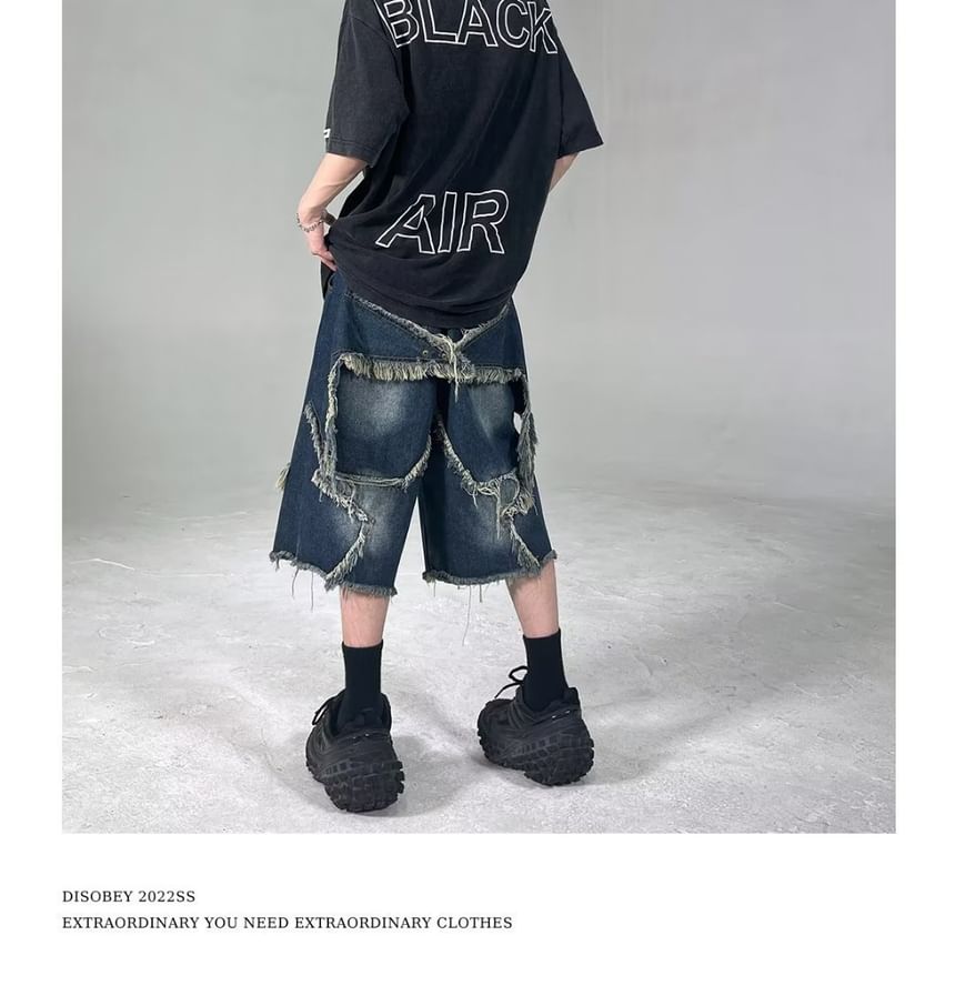 Femilina - Mid Rise Patchwork Fringed Washed Wide Leg Jorts
