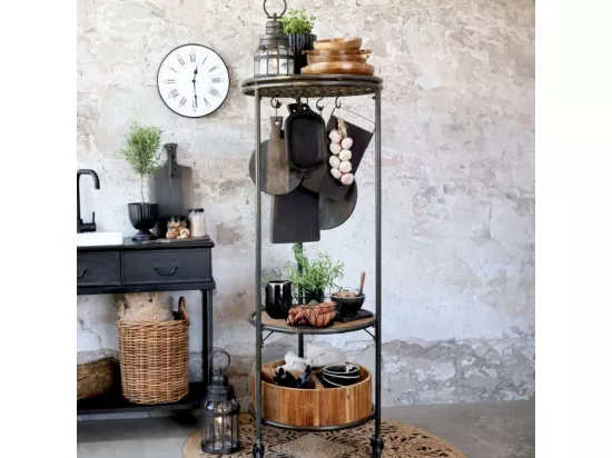 Etagère sur roues en bois recyclé marron et fer noir Ø.60 x Ht.160.5cm