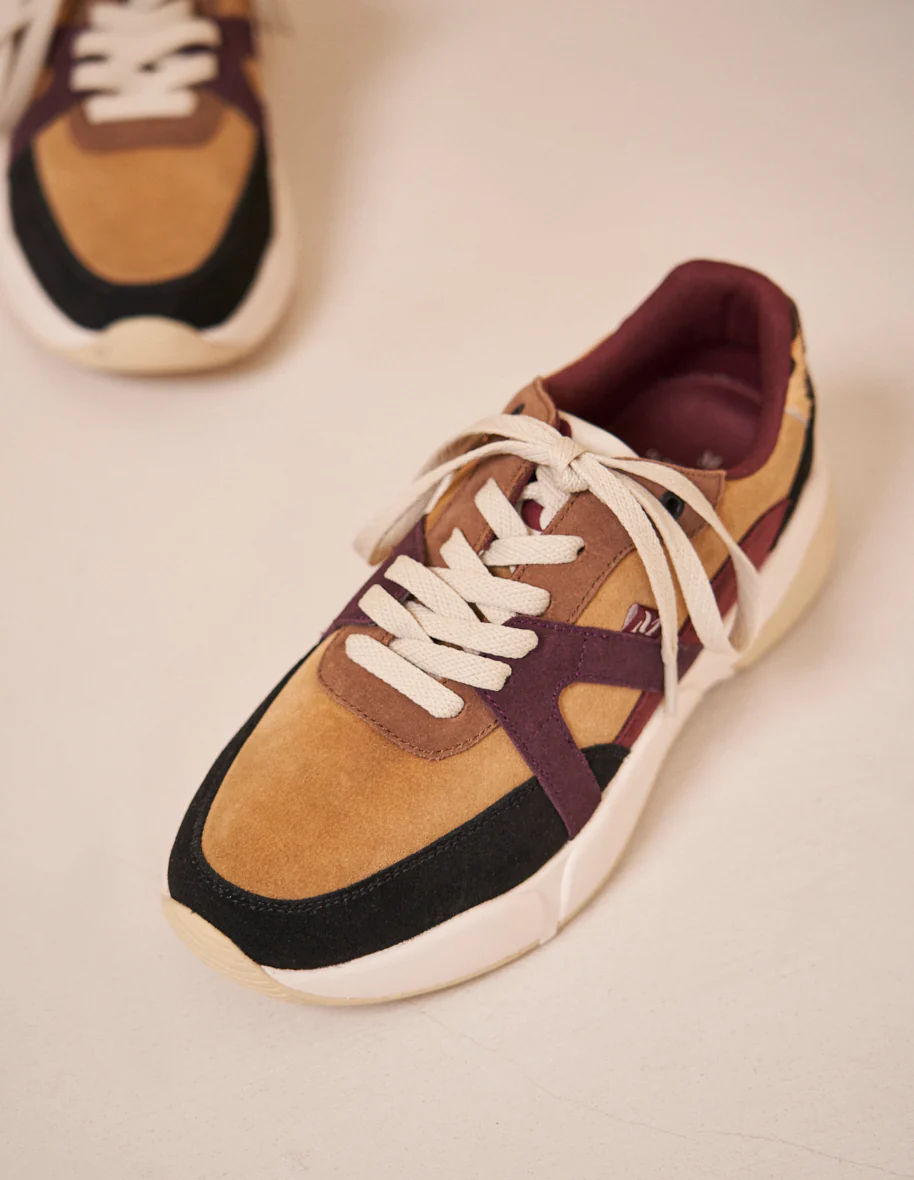 Baskets basses Lison - Suède noir beige bordeaux