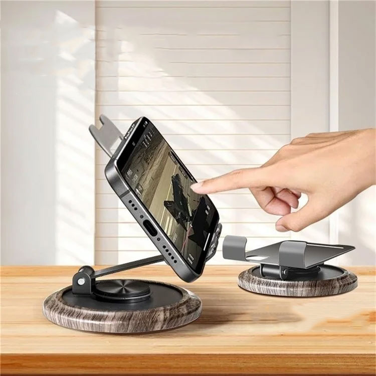 Universal Faltbare Carbon Smartphone Tischständer Halterung mit 360° Rotation mit Holz-Optik Basis - Grau