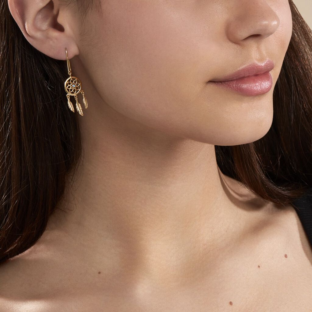 Boucles D'oreilles Plaqué Or Jaune Attrape Rêves Turquoises