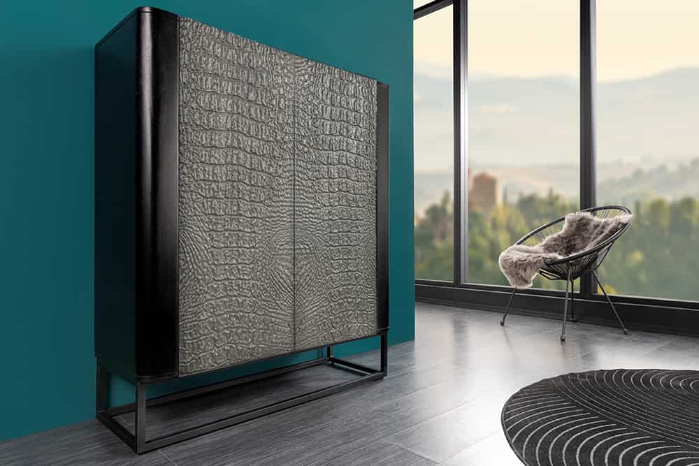 Handgefertigtes Highboard CROCO 120cm grau schwarz Mangoholz massiv 3D-Design