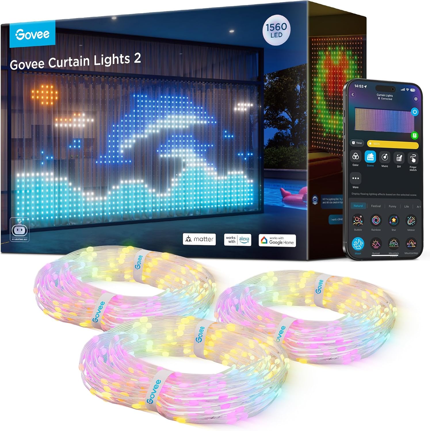Govee Curtain Lights 4,5×2m, Smart LED Vorhang mit DIY GIF, RGBIC Color Chaning Lichterkette für Weihnachten Deko, Intelligente Dynamische Deko, IP65 Wasserfest, Kompatibel mit Alexa, 1560 LEDs