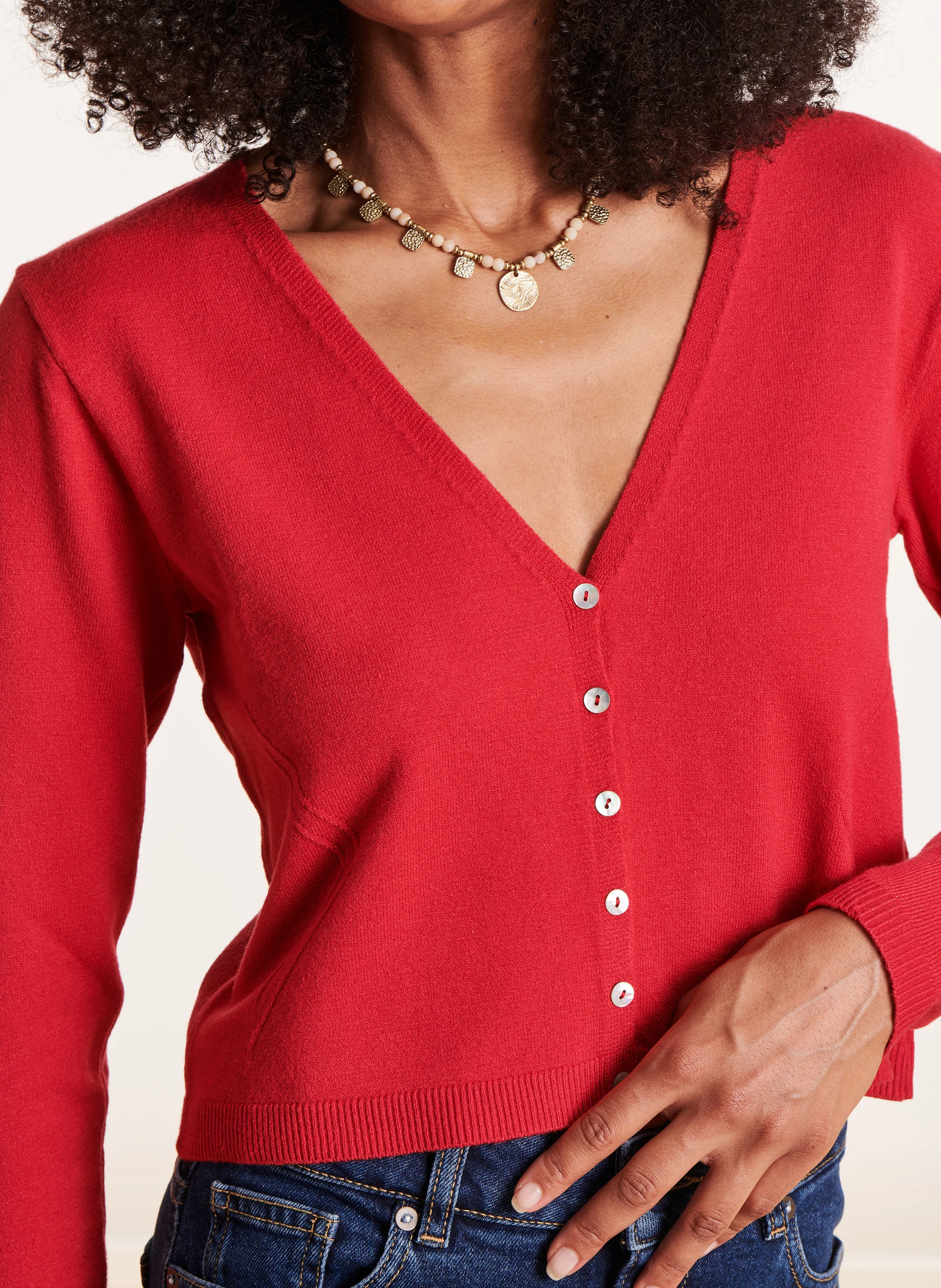 Gilet court col V| Rouge