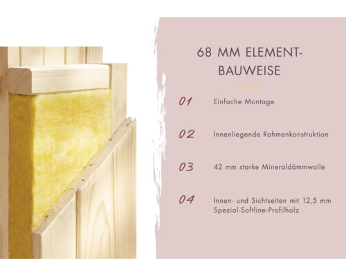 Elementsauna Karibu Callinan zonder oven, met dakkroon en gebronsde volledig glazen deur