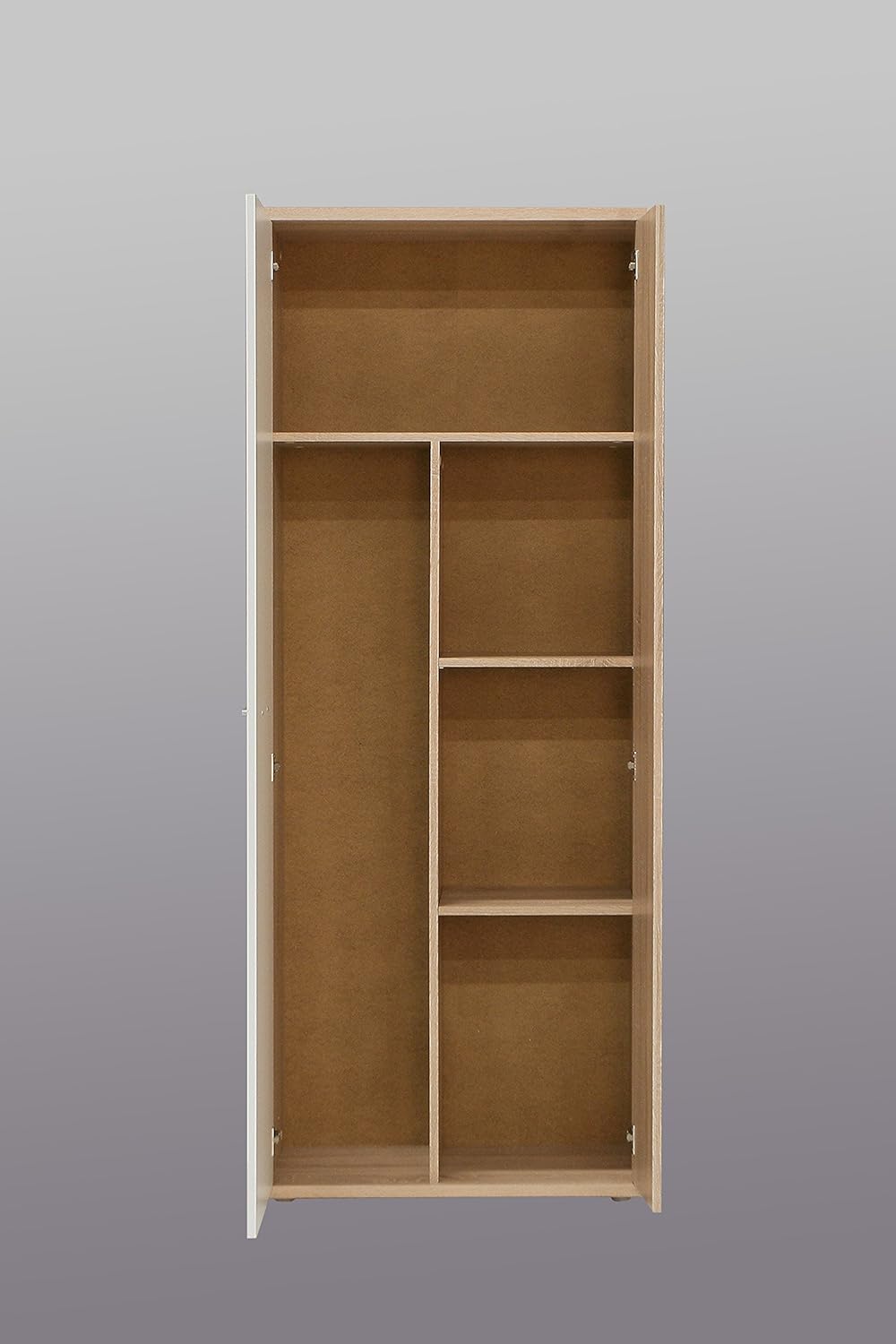 FORTE NET106 Schrank 70 180, Mehrzweckschrank klein, Staubsaugerschrank, Abstellraum, 2-türig mit Einlegeböden, Weiß mit Holzdekor: Sonoma Eiche, 69 cm breit x 179 cm hoch x 35 cm tief