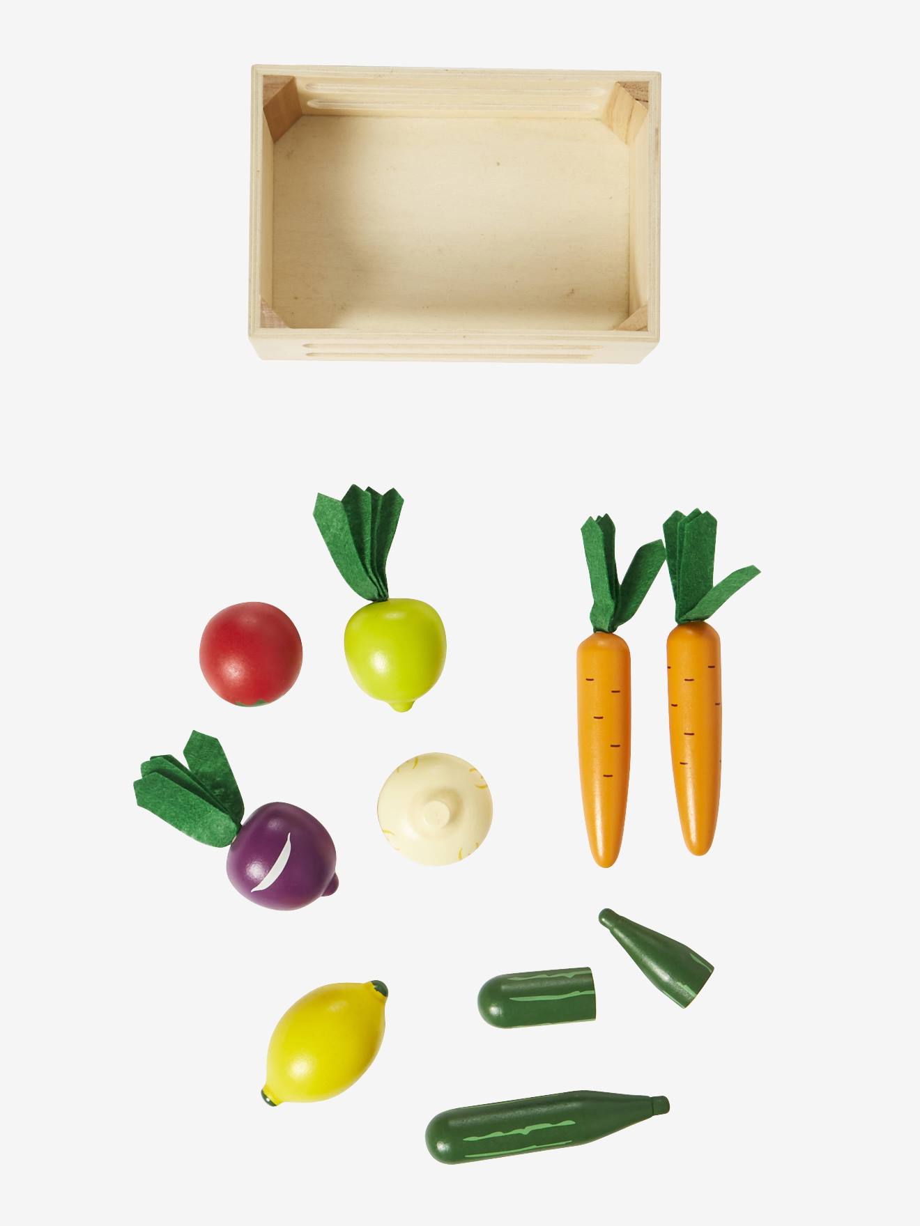 Caixa de madeira para legumes, para brincar de cozinha, multicolorida.