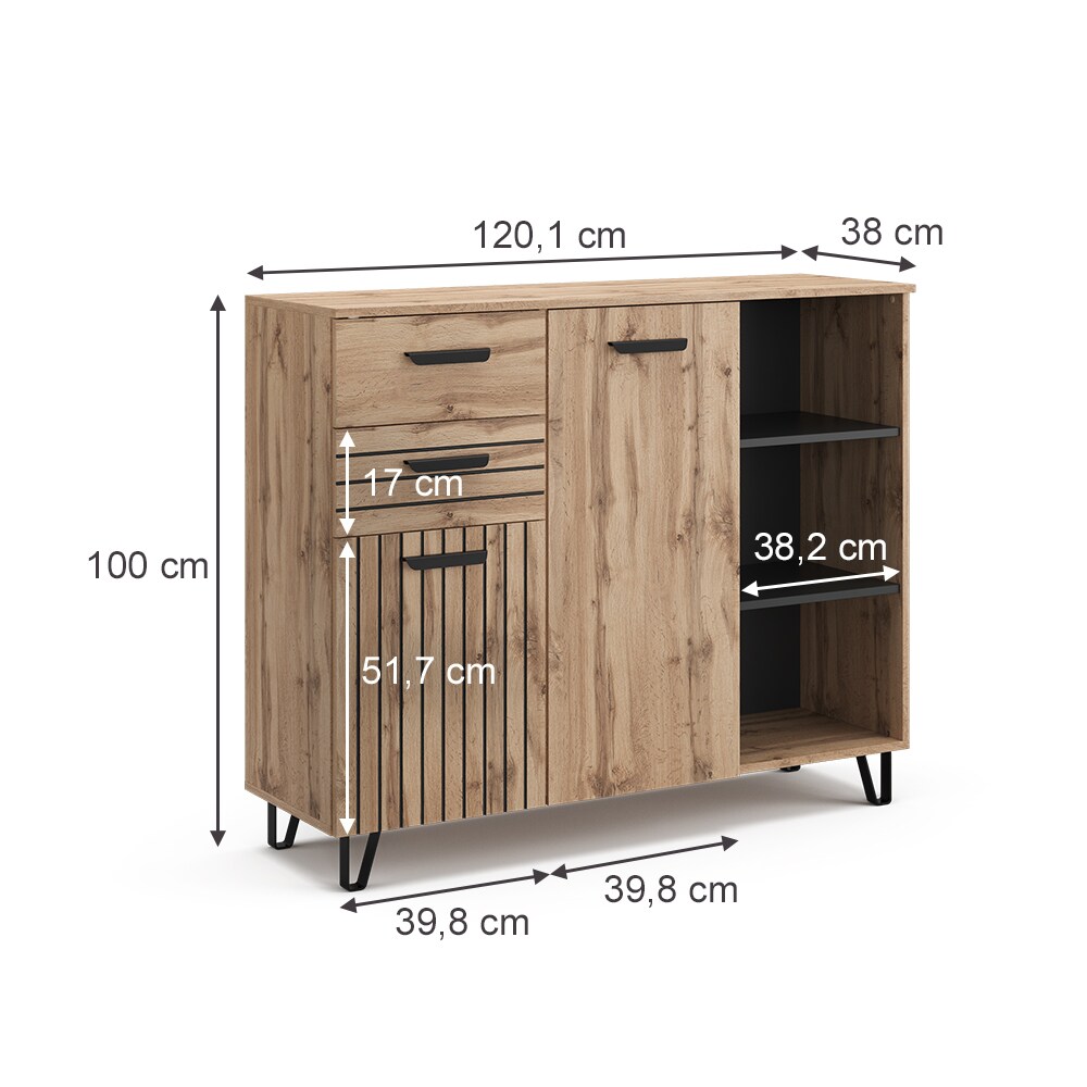 Vicco Sideboard Amber Eiche Wotan 120 x 100 cm mit 2 Türen und 2 Schubladen