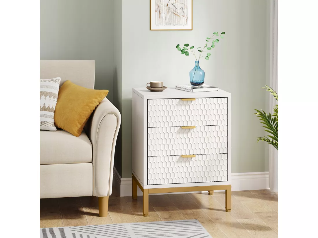 Tribesigns Table de Chevet Moderne de 65,5 cm de Haut avec 3 tiroirs, Table d'appoint contemporaine avec Rangement pour Chambre à Coucher, Salon, Blanc et doré