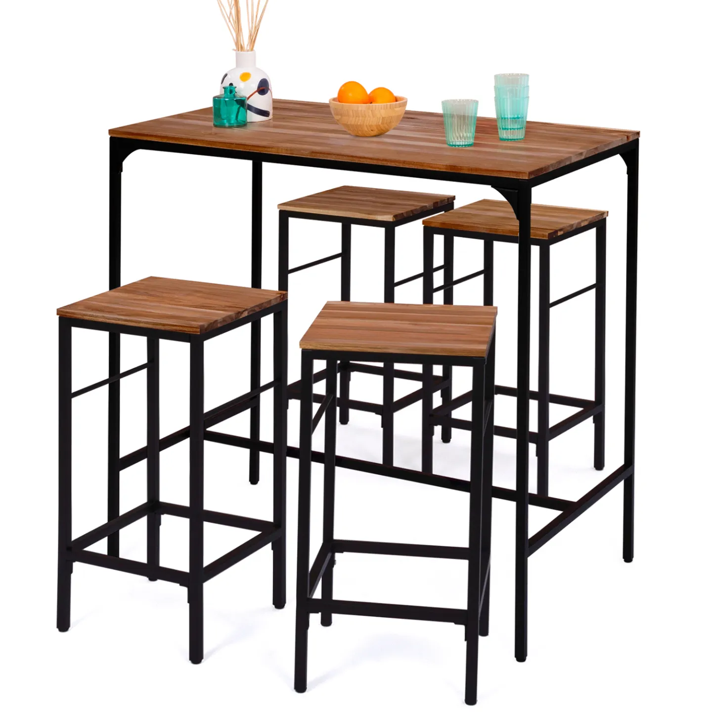 Salon de jardin PANAMA ensemble de bar table haute et 4 tabourets design industriel acacia