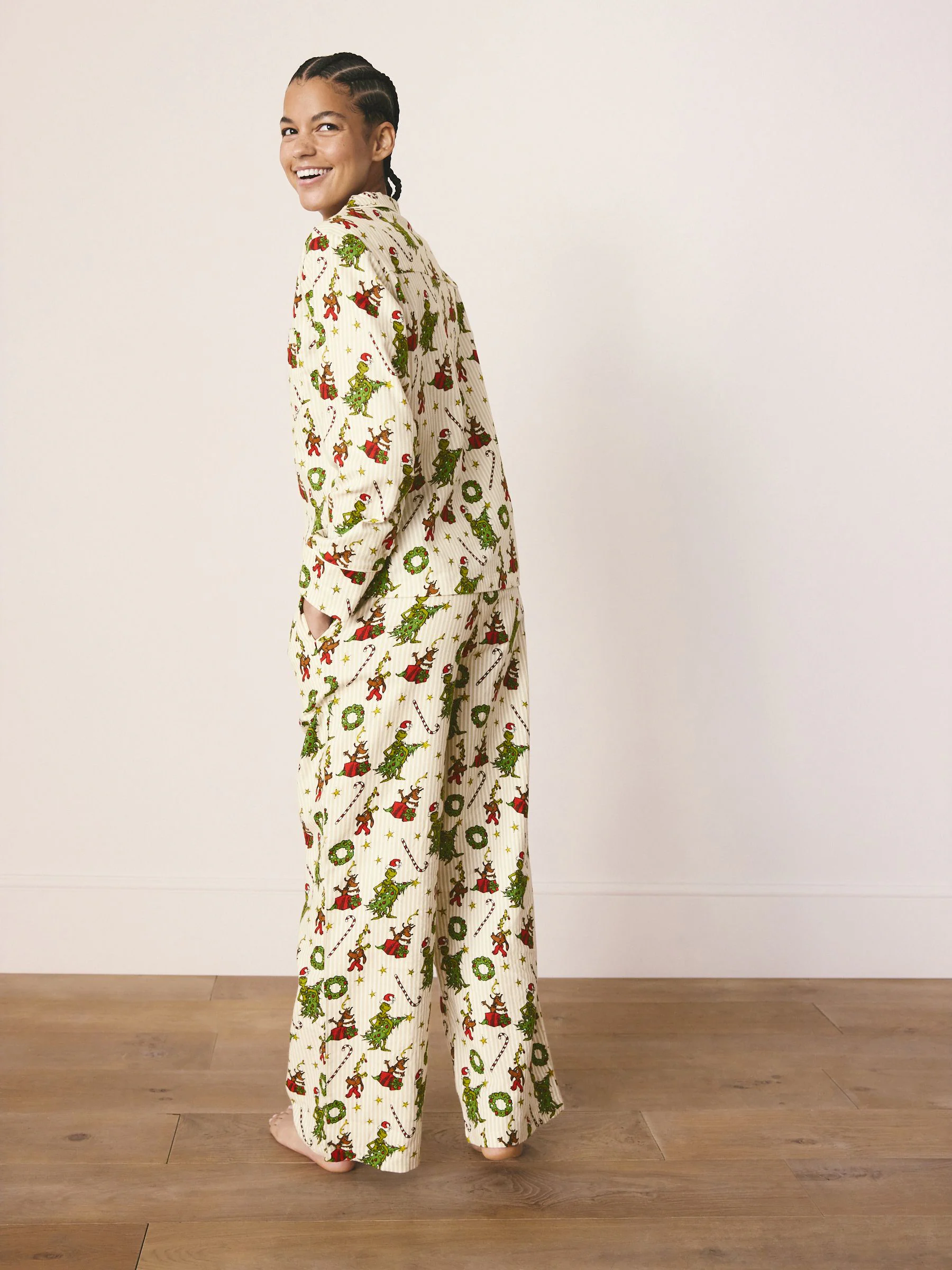 Crème - Grinch Bijpassende Familie Kerstmis Pyjama's met Knoopsluiting