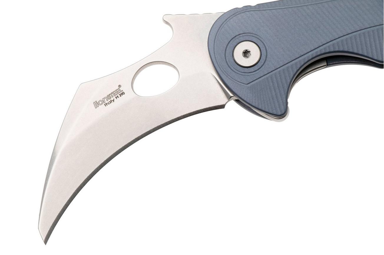LionSteel L.E.One Mid LE2-IS, Stonewashed M390, Ice Blue Aluminum, karambit zakmes