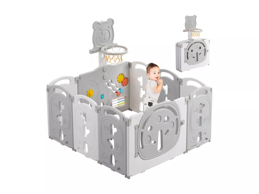 Yoleo Parc Bébé Pliable 8+2 Panneaux,Barrière de Sécurité Portail Parc avec Panier de Basket,Parc enfants Centre d'activités de sécurité, Plastique,Gris