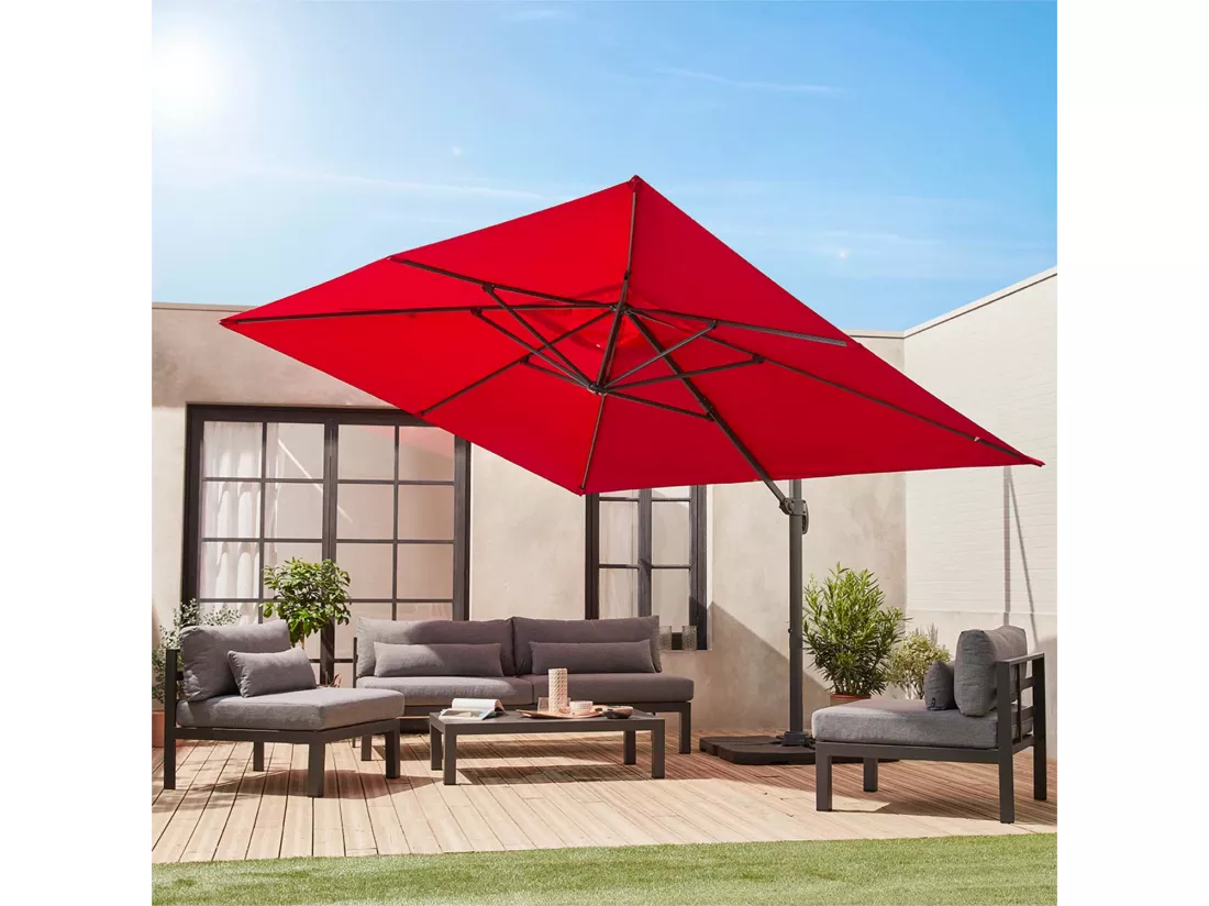 Parasol déporté rectangulaire 3x4m - Wimereux - rouge- Parasol excentré inclinable dans 6 positions. rotatif à 360°.