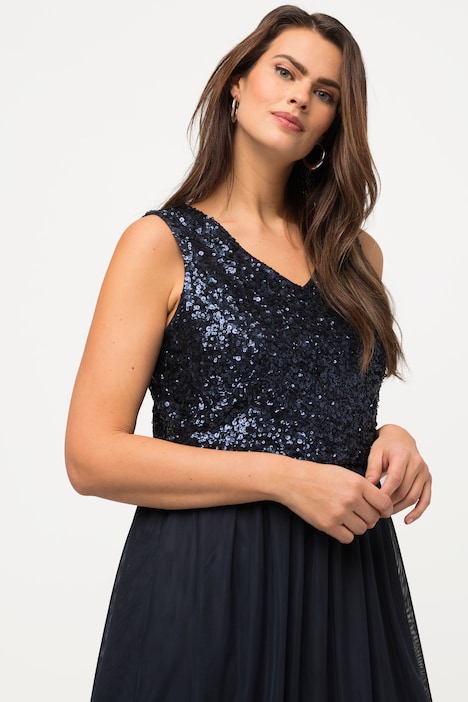 Midikleid, Pailletten, V-Ausschnitt, ärmellos