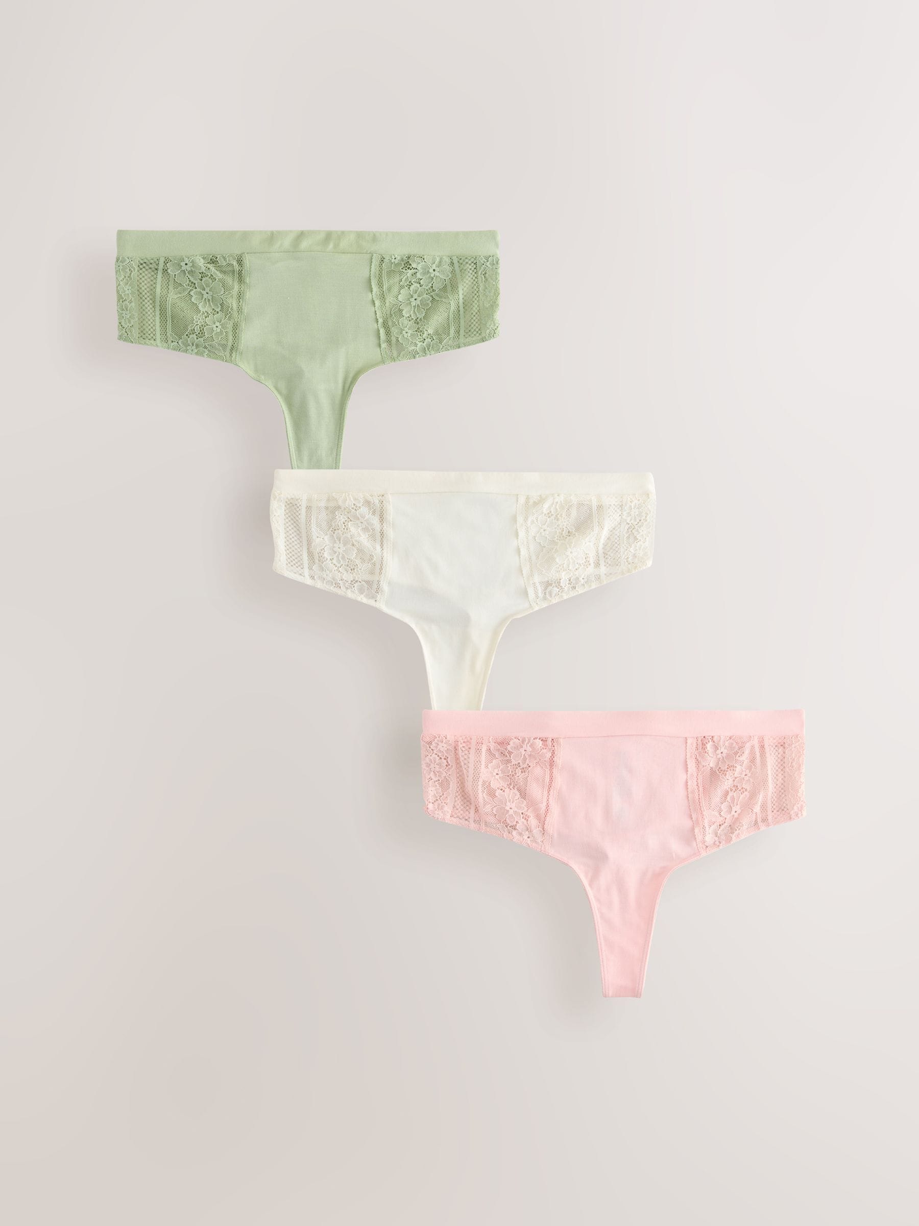 Kaki/lichtroze/crème - 3 Slipjes van modal met kant