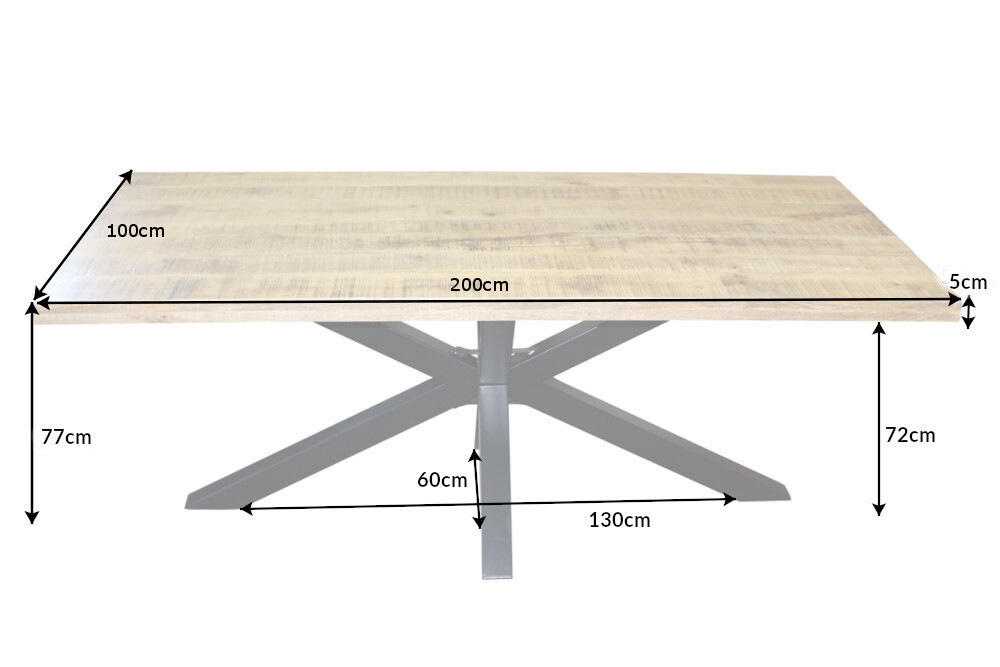 Massiver Industrial Esstisch GALAXIE 200cm Mangoholz sternenförmiges Gestell