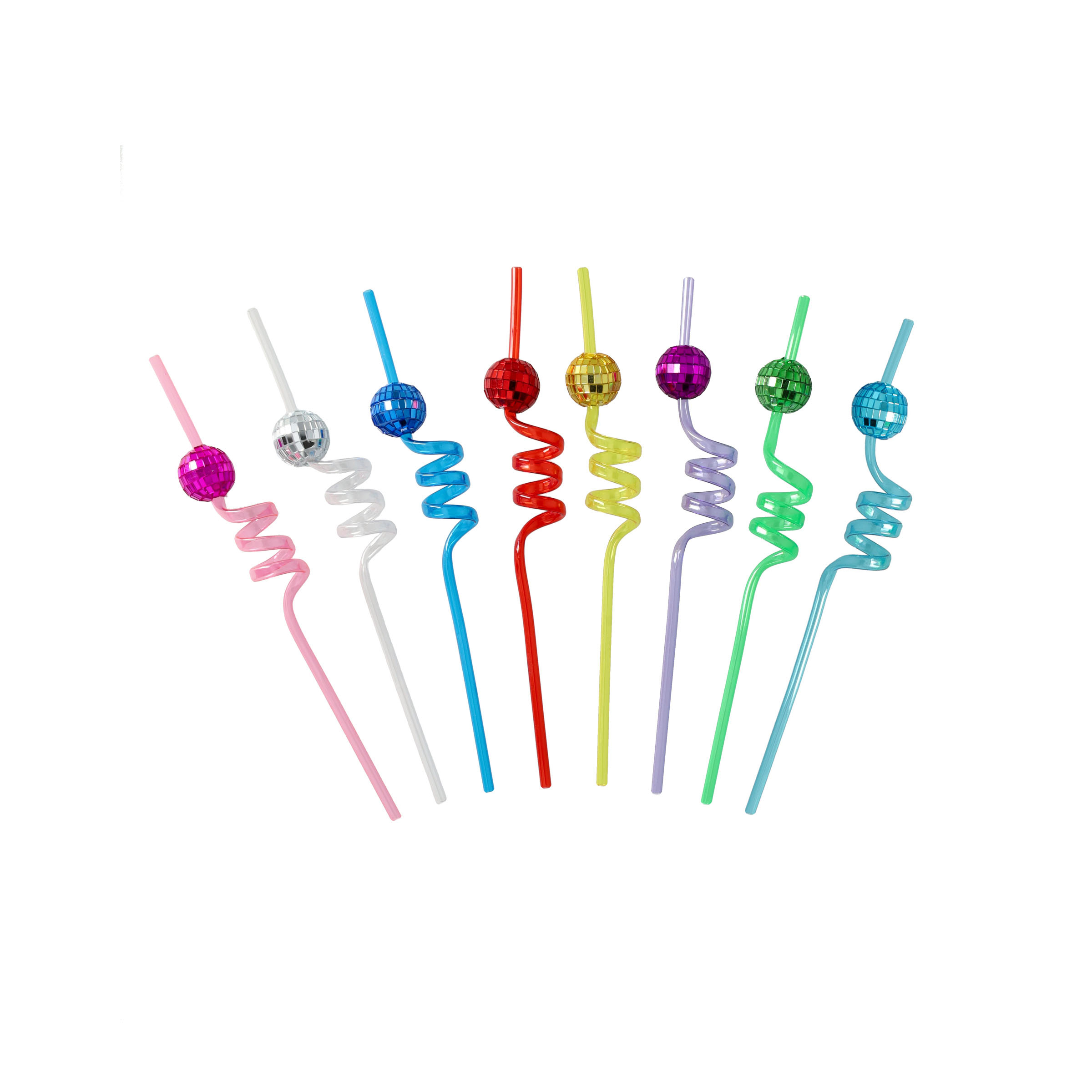 (8er Set) 26cm Wiederverwendbare Party Spiral Strohhalme Discokugel Trinkhalme inkl. Reinigungsbürste - Bunt