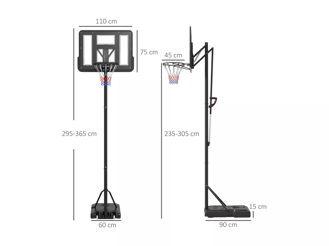 Panier de basket sur pied hauteur réglable 2,35-3,05 m - roulettes, base de lestage - acier PE noir