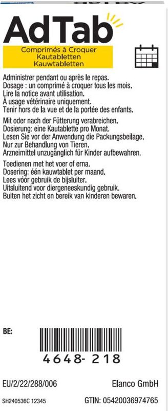 Elanco - Adtab Anti Vlooien en Teek Kauwtabletten - Hond - Bescherming - > 5,5 - 11 kg - 3 Tabletten - 1 Keer Per Maand