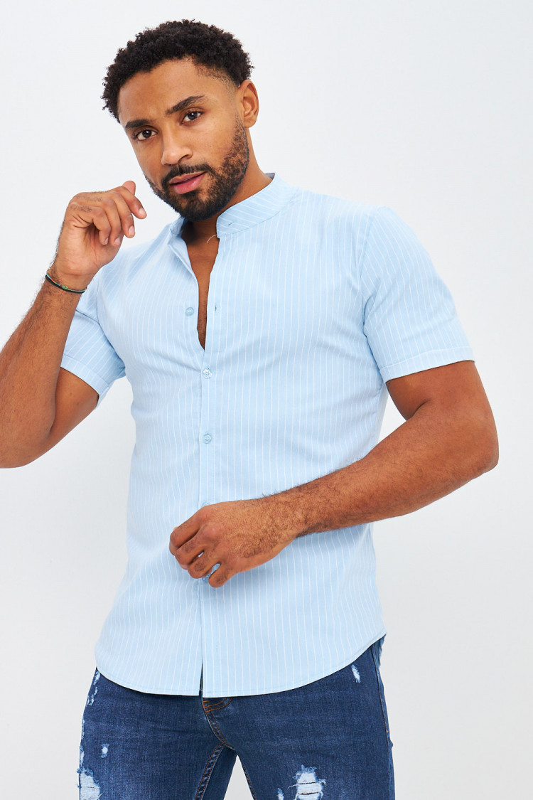 Chemise rayée bleu clair col officier