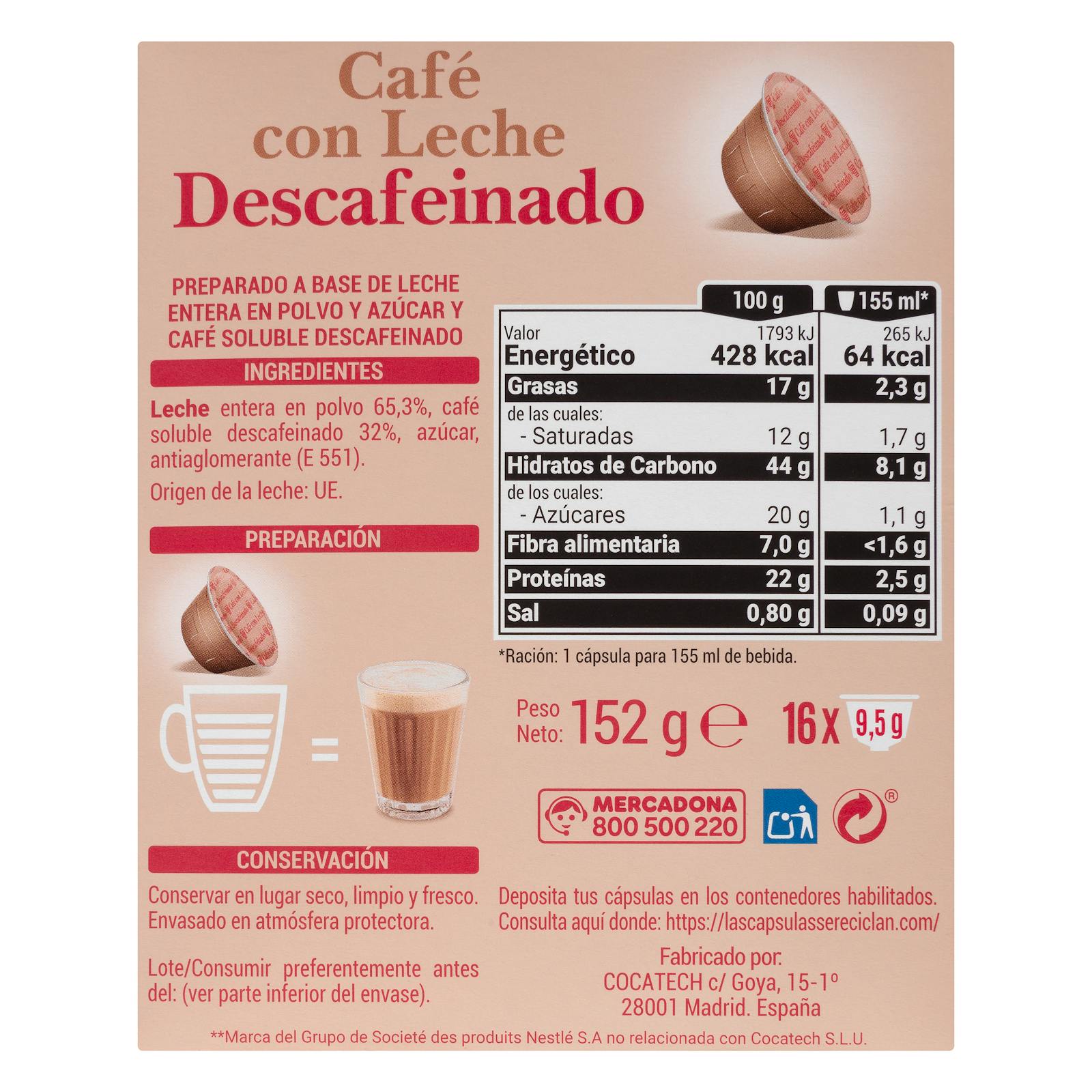 Café décaféiné au lait Hacendado en capsules