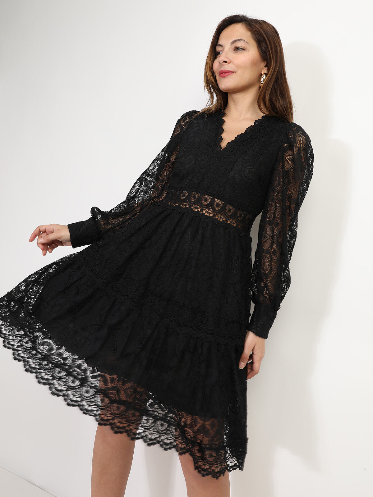 Robe chemisier en dentelle et crochet- Noir