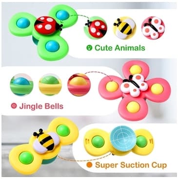 3 stk. Roterende Fidget Spinner med sugekopp for baby/barn - Spinneleke
