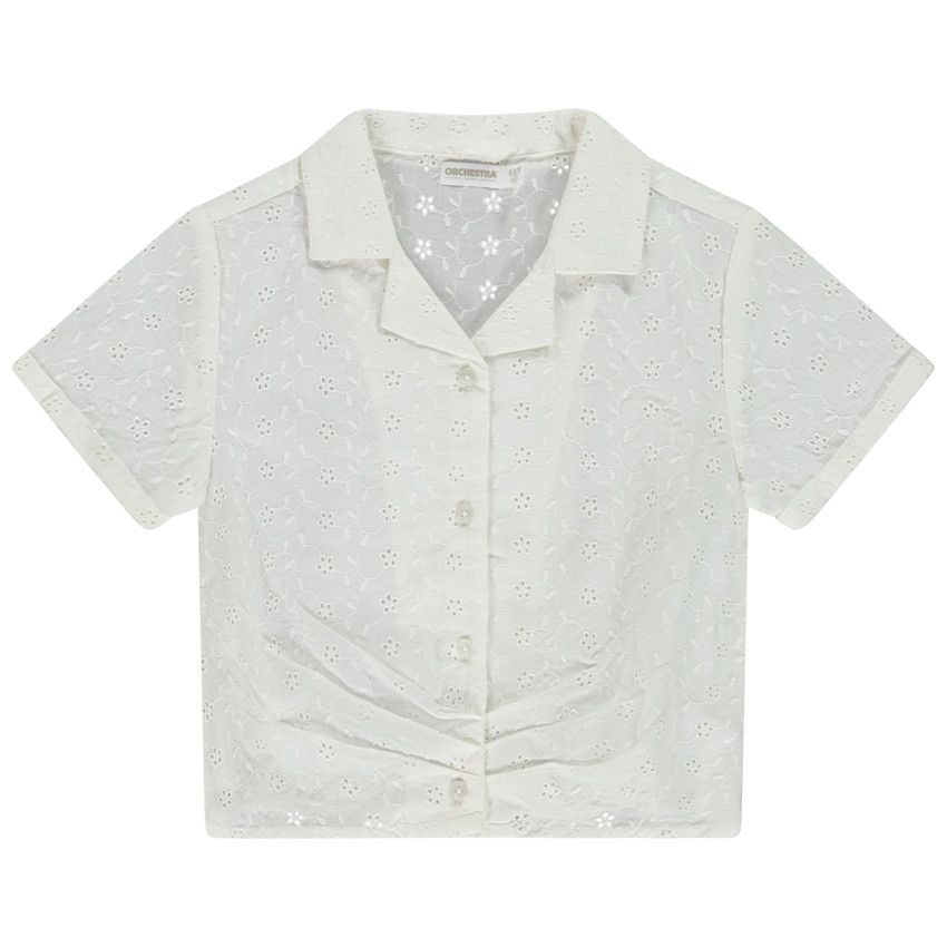 Chemisier manches courtes en broderie anglaise pour fille - Blanc