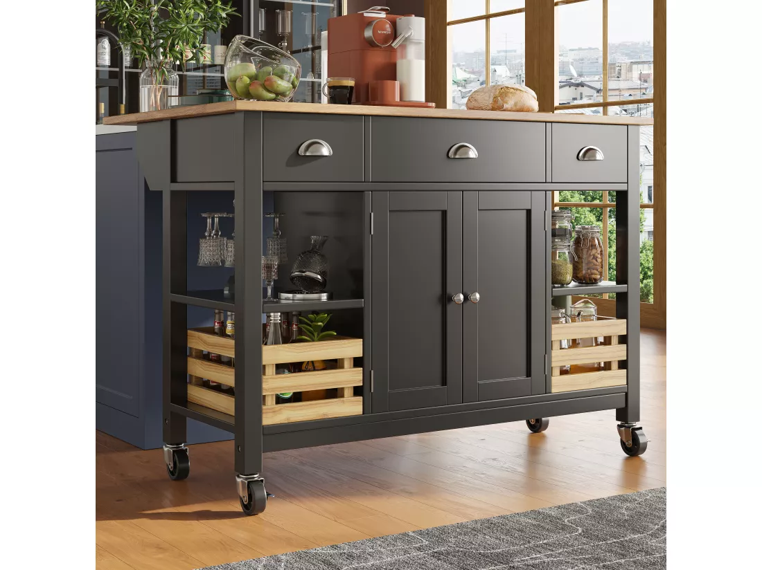 Ilot central de cuisine mobile avec 3 tiroirs, 2 portes et panier de rangement - plateau extensible - 120x45/73x90 cm - Bois MDF - Noir