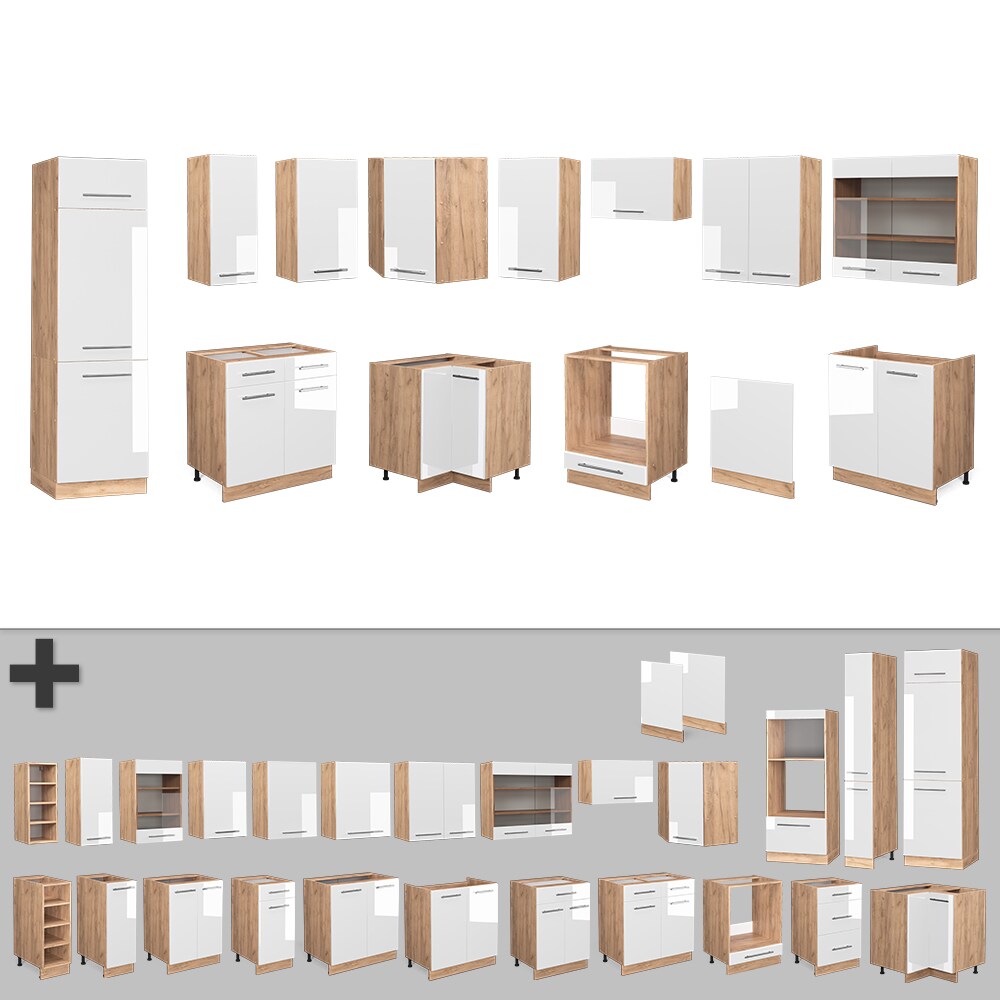 Vicco Eckküche Küchenzeile Einbauküche Fame-Line Eiche Weiß 227x287 cm modern Spülenunterschrank Schubunterschrank Eckunterschrank Herdumbauschrank Hängeschrank Kühlumbauschrank Hängeglasschrank