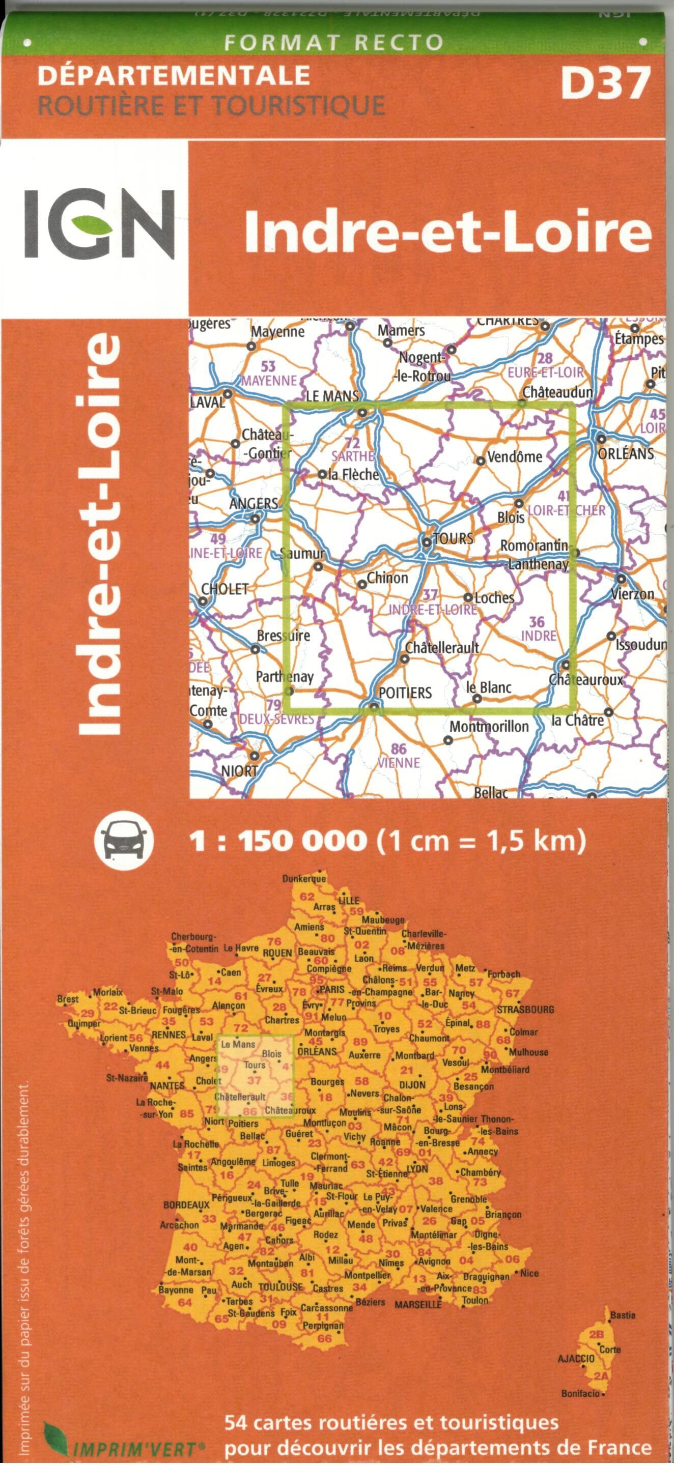 IGN - D37 INDRE ET LOIRE ECHELLE 1 150 000
