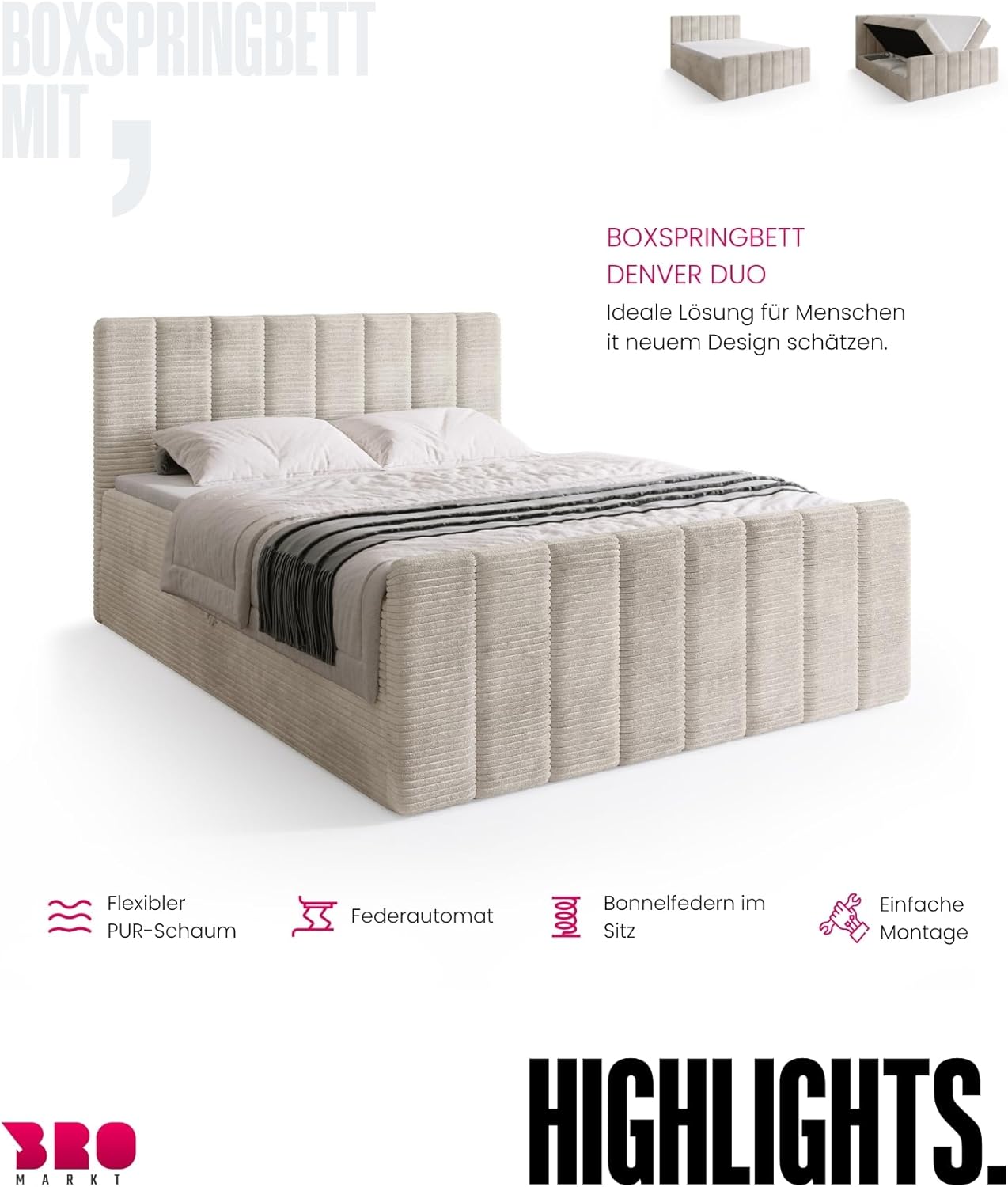 BROMARKT Boxspringbett mit Matratze Bett 140x200 Vanille Doppelbett mit Topper Boxbett mit Stauraum Polsterbett mit Bettkasten Kopfteil Denver Duo Härtegrad H3 Cordstoff