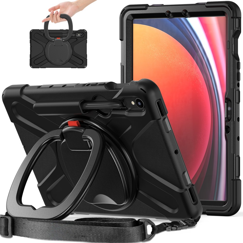 Samsung Galaxy Tab S10 Lite / S10 FE / Tab S9 FE / Tab S9 / Tab S8 / Tab S7 Hybrid Outdoor Silikon Case Hülle mit Aufsteller und Schultergurt - Schwarz
