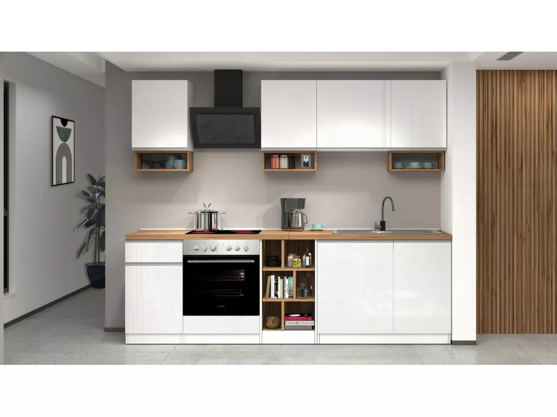Cuisine complète Dcelient, Ensemble avec garde-manger, Meuble de kitchenette, Kit bloc linéaire, 100% Made in Italy, 255x60h85 cm, Blanc brillant et chêne
