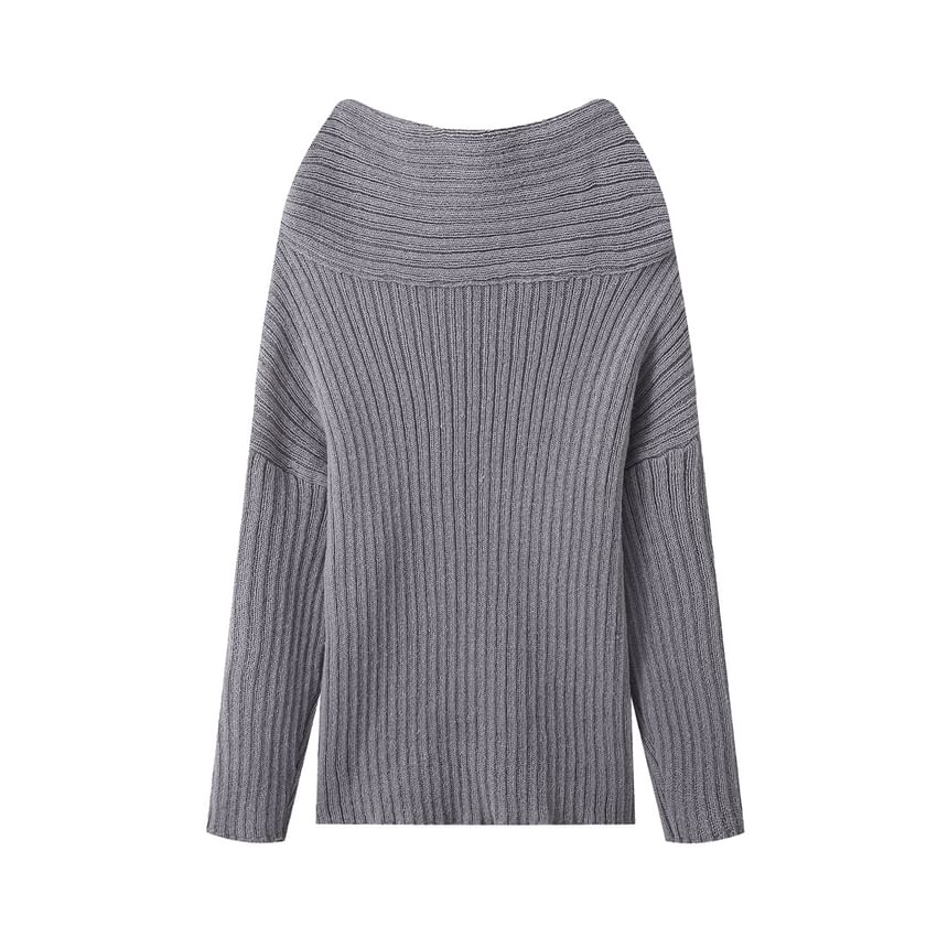 Asiris - Lange mouwen off-shoulder effen geribbelde oversized trui