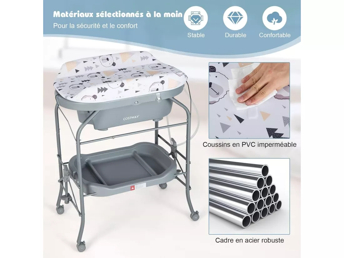 Table à Langer 2 en 1 avec Baignoire 20L Plateau de Rangement, Commode à Langer Pliable Couches Étanches Roue Universelle à Frein Charge 35KG, pour Bébé 0-12 Mois,Gris