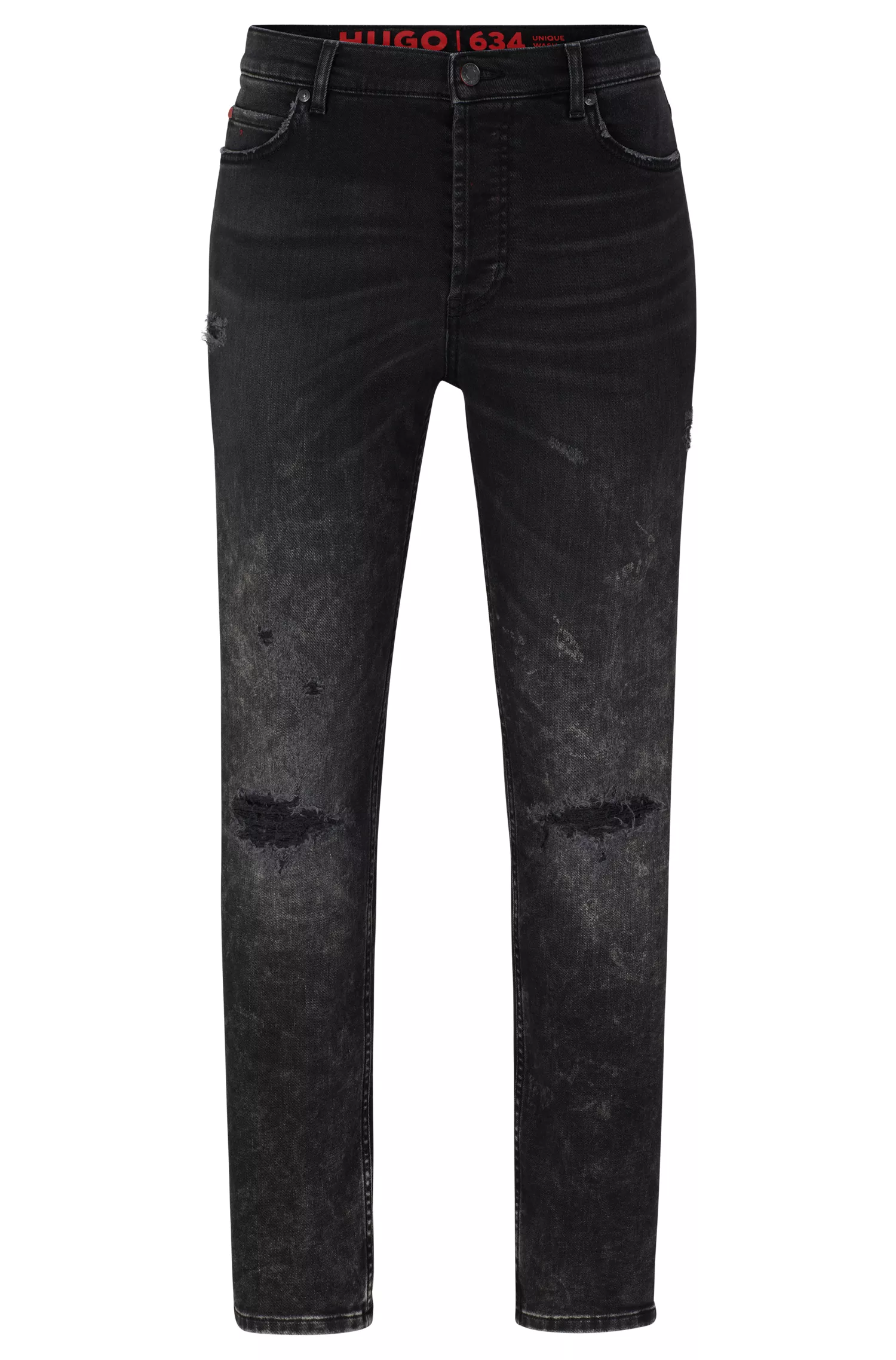 Calça jeans HUGO vermelha, corte afunilado, em denim preto com elasticidade confortável.