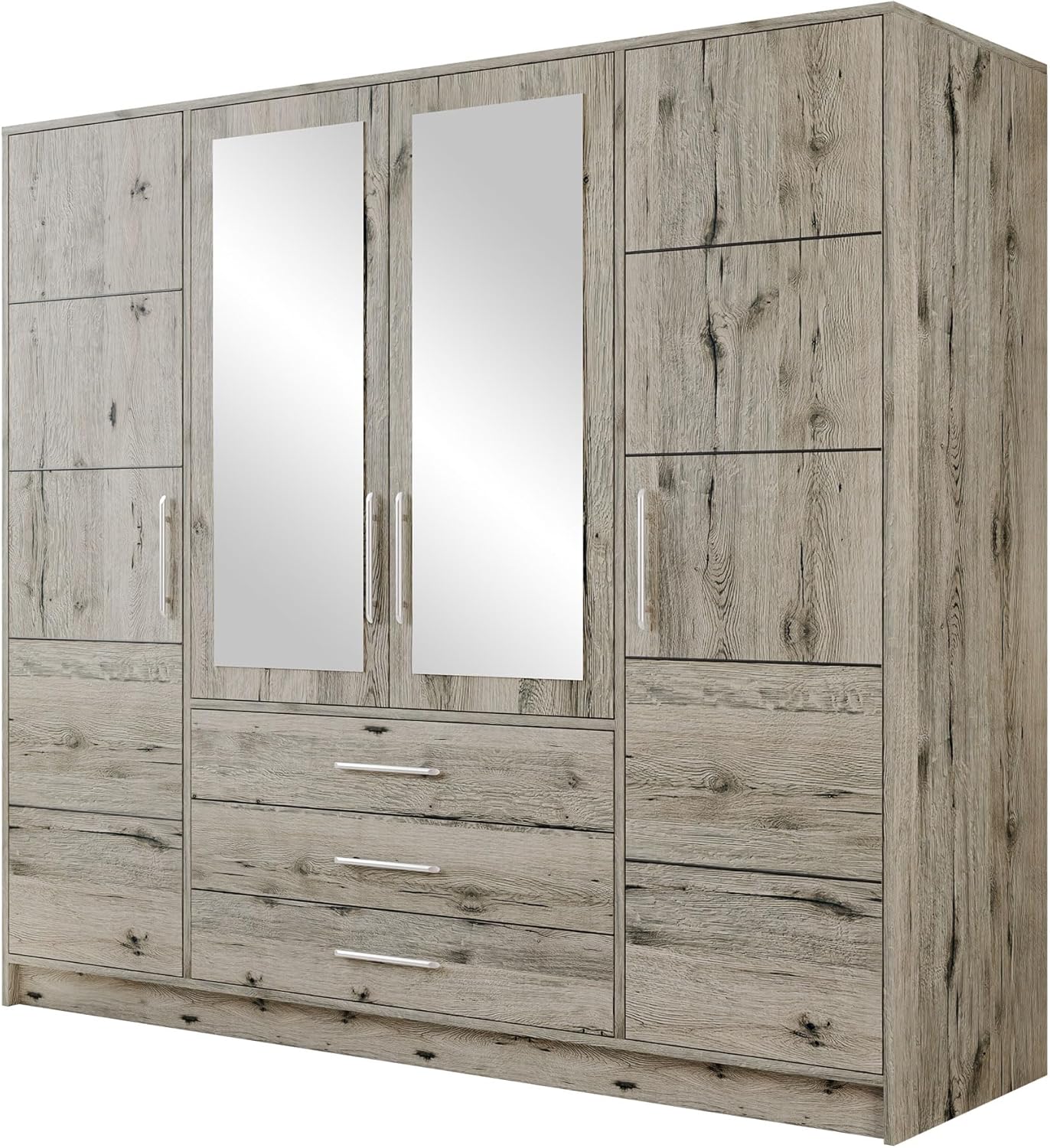 Mirjan24 Drehtürenschrank Bado 4D, Kleiderschrank mit Spiegel, Schubladen und Spiegeltüren, Elegantes Schlafzimmer Schrank, Jugendzimmer (Wellington Eiche)
