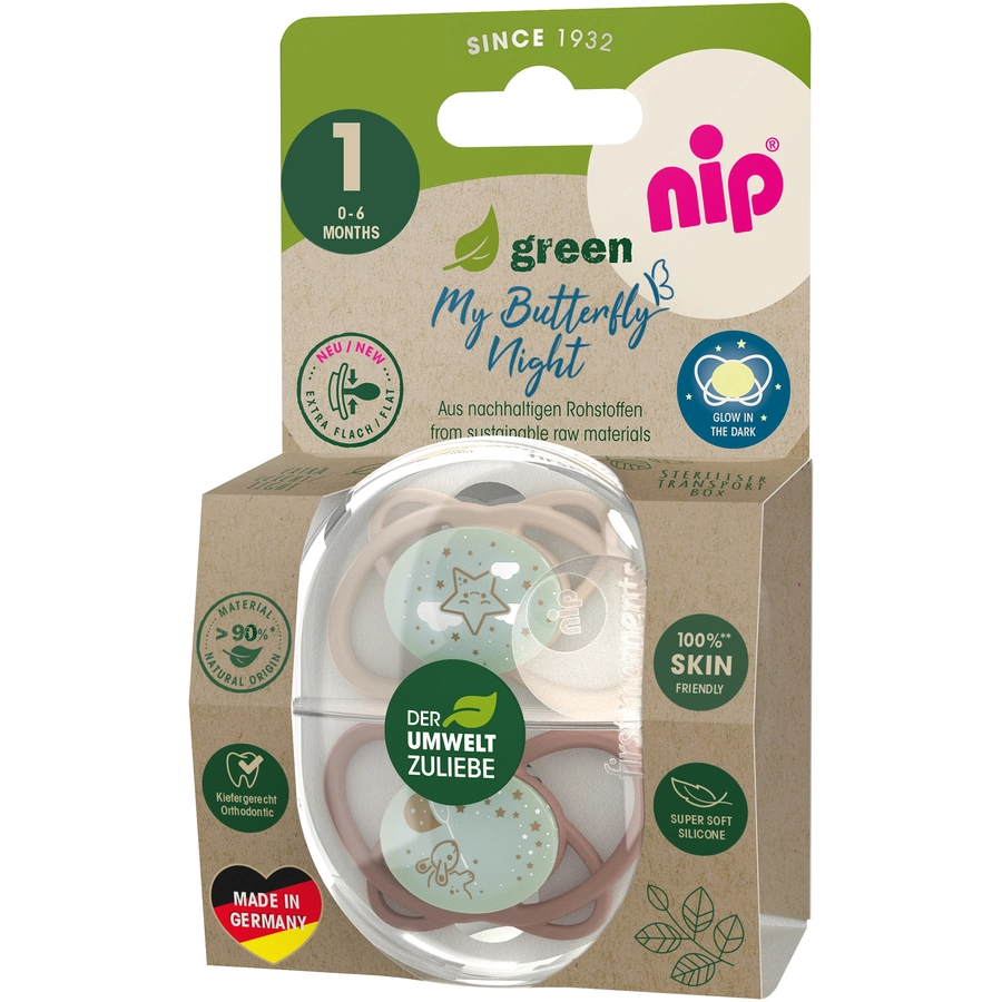 nip® Nachtschnuller My Butterfly Night Green, Größe 1 (0-6 Monate), Silikon Braun