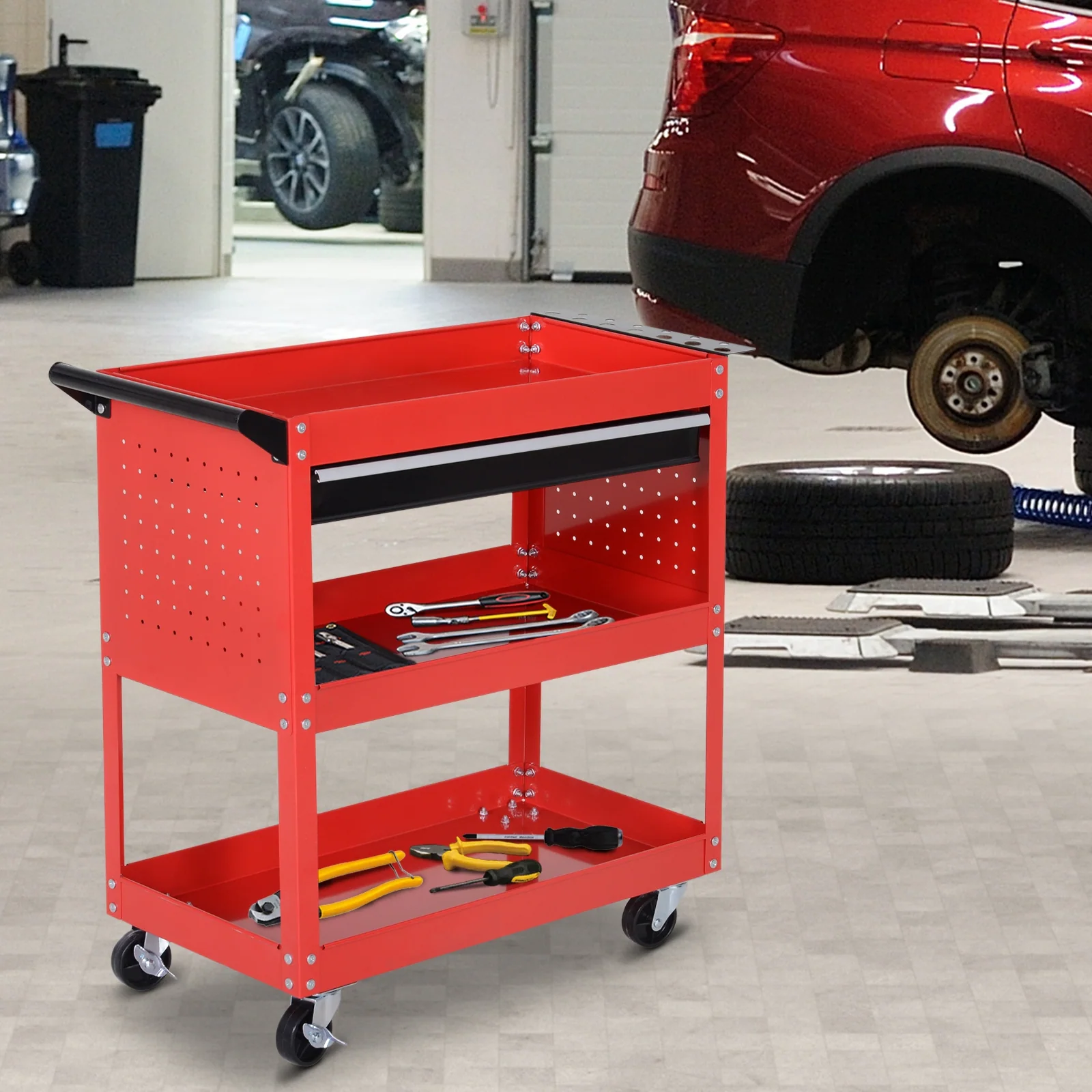 HOMCOM Werkstatt-Rollwagen mit Schublade und 3 Ebenen schwarz, rot 82L x 35B x 76H cm